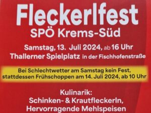 Mehr über den Artikel erfahren Die SPÖ Krems-Süd lädt zum traditionellen „Fleckerlfest“ am Samstag, 13. Juli ab 16 Uhr am Spielplatz Thallern